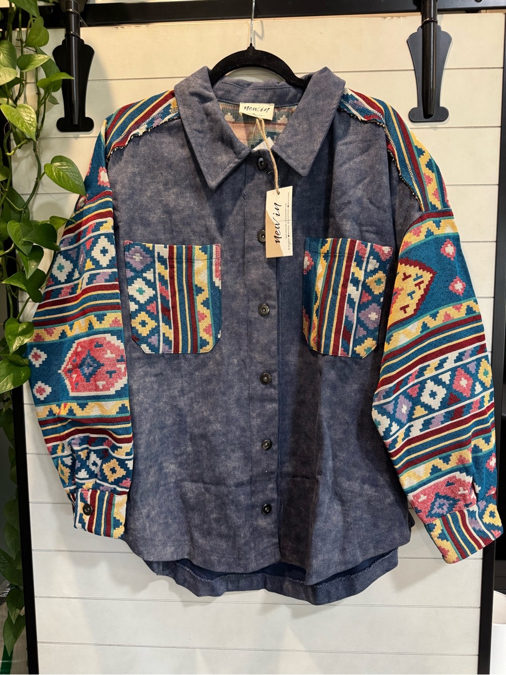 Ventti Blue Denim-Style Jacket with Multicolor Aztec Sleeves